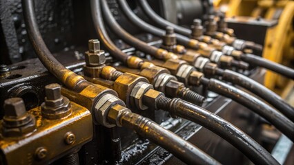 Fototapeta premium The intricate patterns of hydraulic systems are highlighted in a closeup shot showcasing the interlocking components hoses and valves. Oil glistens on the surface contributing to
