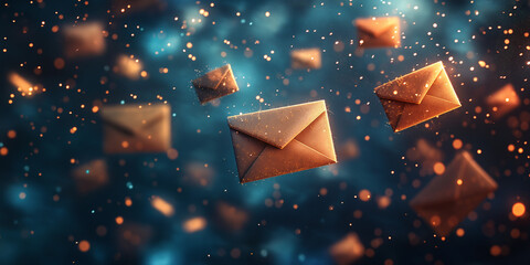 Floating envelopes representing communication digital space visual concept magical atmosphere abstract viewpoint email and messaging