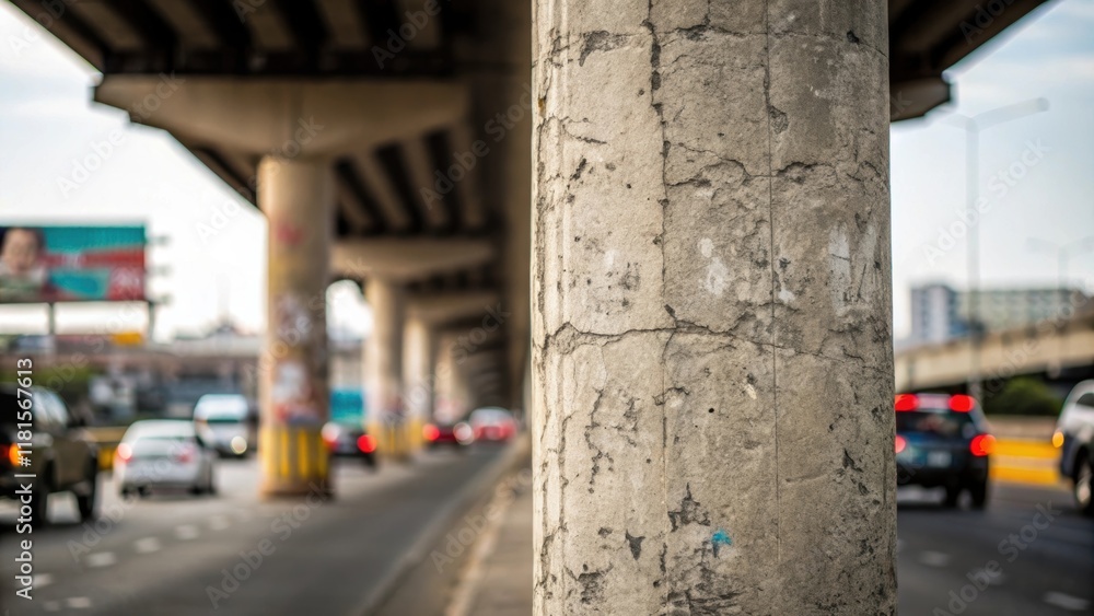 Poster The rough surface of a concrete bridge pillar stands prominently in the foreground displaying cracks and patches of graffiti while the blurred background captures the bustling