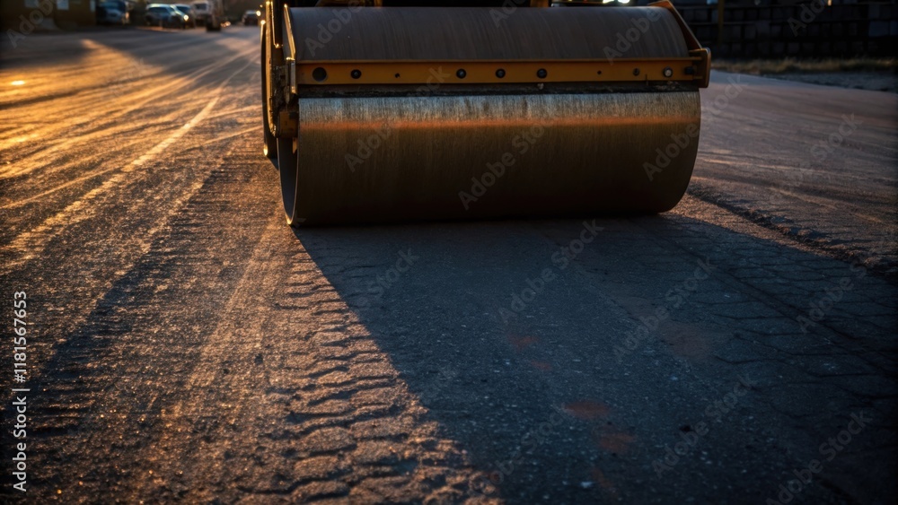 Aufkleber the shadow of an asphalt roller stretching across the ground at dusk juxtaposing the smooth curves o
