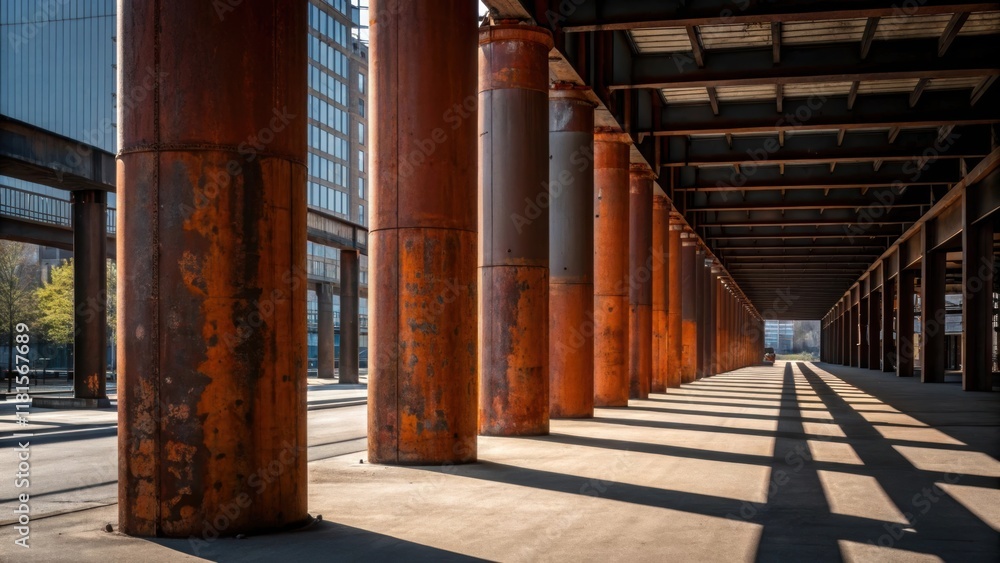 Poster the scene captures a symphony of industrial materials as the weathered rustcolored surfaces of the p