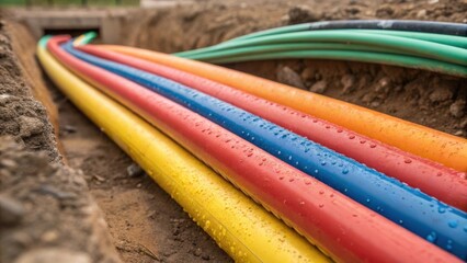 The scene focuses on a of multicolored conduit sleeves nestled in the depth of an excavated trench. Tiny droplets of moisture cling to the surfaces of the sleeves and faint traces