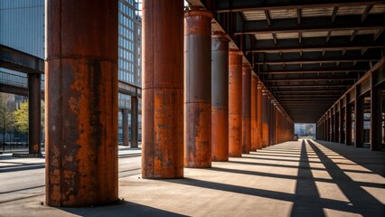 The scene captures a symphony of industrial materials as the weathered rustcolored surfaces of the pillars contrast strikingly with the slick unblemished metal beams positioned