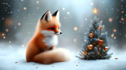 Fototapeta premium Fox Sits Peacefully by Christmas Tree in Winter Wonderland