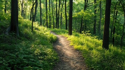 Fototapeta premium A lush forest trail showcasing layers of vegetation and the harmonious coexistence of diverse species