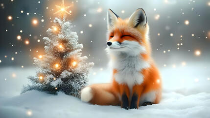 Fototapeta premium Fox Sits Peacefully by Christmas Tree in Snow