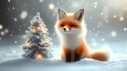 Fototapeta premium Fox Sits Peacefully by Twinkling Tree in Snowy Winter Wonderland