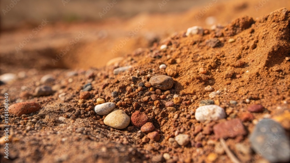 Poster This closeup details a small section of the soil with a focus on the vibrant earth tones and different sediment types hinting at the geological history of the area. A few pebbles