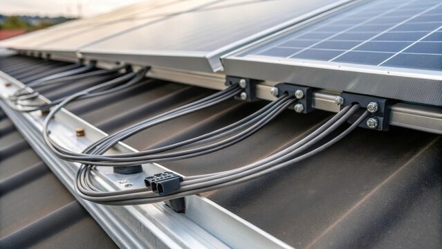 This closeup emphasizes the wiring connections of solar panel mounts revealing a tangle of cables flowing from the mounts into the rooftop suggesting the thorough electrical