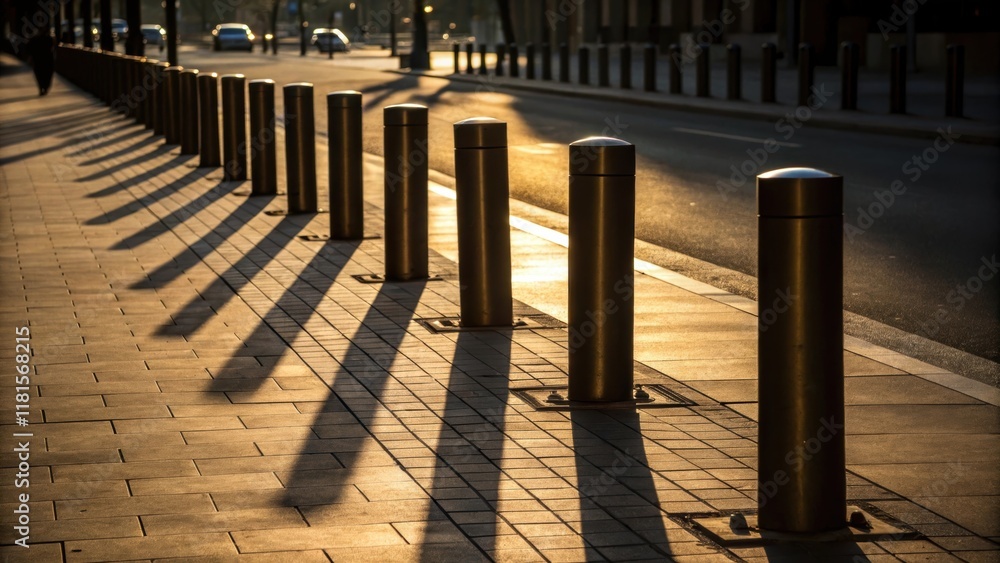 Poster this image captures the shadows cast by a row of tall cylindrical bollards during the golden hour. t