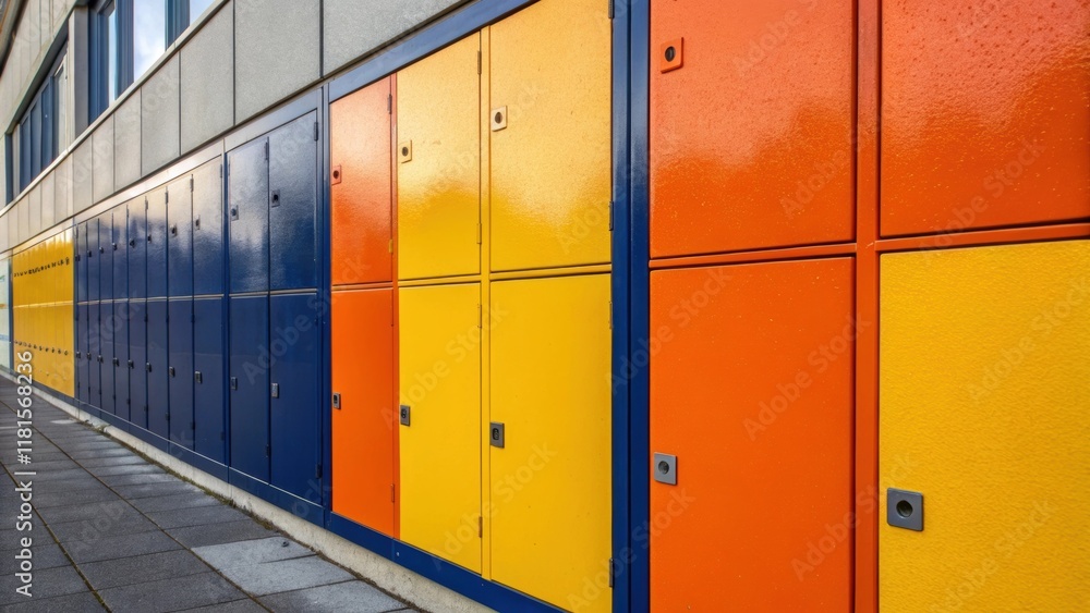 Aufkleber This image focuses on a of modular panels with vibrant bold colors deep blues vivid oranges and bright yellows creating an energetic visual contrast. The surfaces each exhibit a