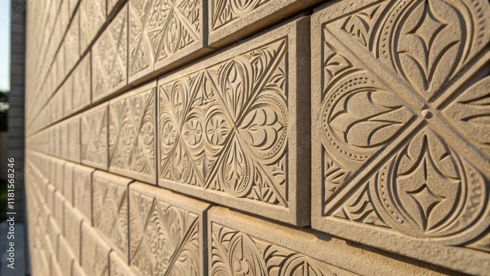 Poster This image highlights a textured surface of modular cladding made from ecofriendly materials. The closeup reveals intricate patterns etched into the panels reflecting a commitment