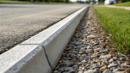 This image zooms in on the distinct edges of a single pre curb section revealing the precise craftsmanship behind the production. The edges are sharp and clean contrasting with the