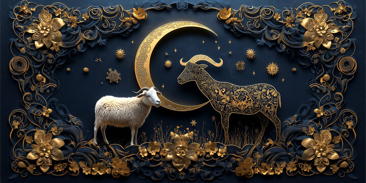 Celestial sheep and ornate goat artwork night sky digital illustration floral design side view symbolism of nature and harmony - Powered by Adobe