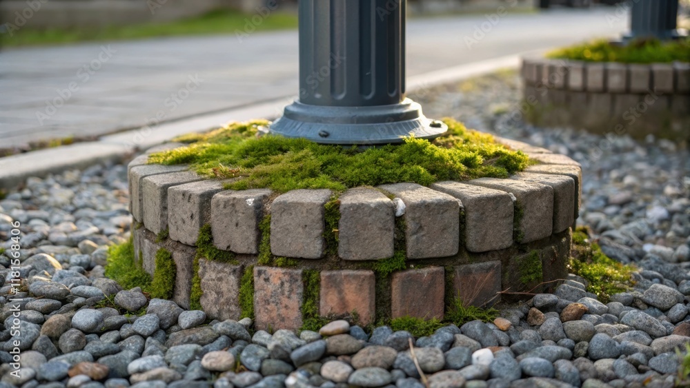 Leinwandbilder Weathered bricks form the sy foundation of a streetlight with moss creeping into the mortar hinting at the passage of time. Small pebbles ter around the base contrasting the