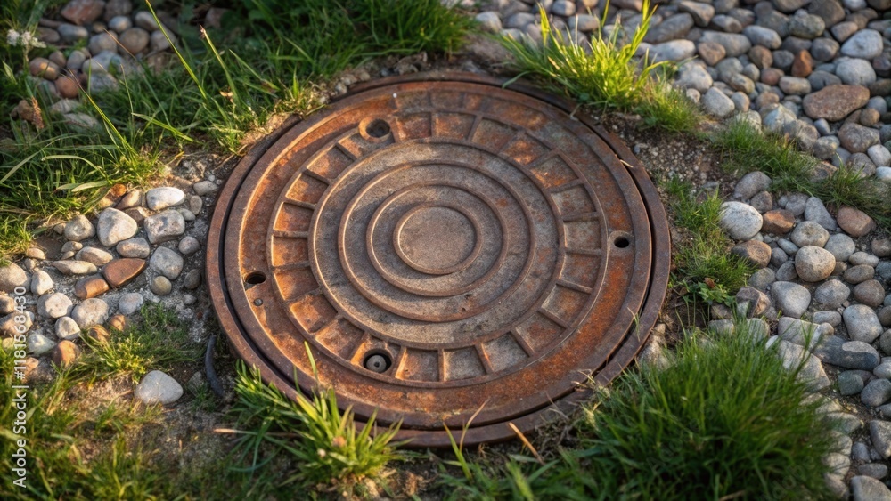Aufkleber Zooming in on a manhole cover highlights of rust and decay ripple across its surface. Surrounding it are small pebbles and patches of grass creating a juxtaposition of urban