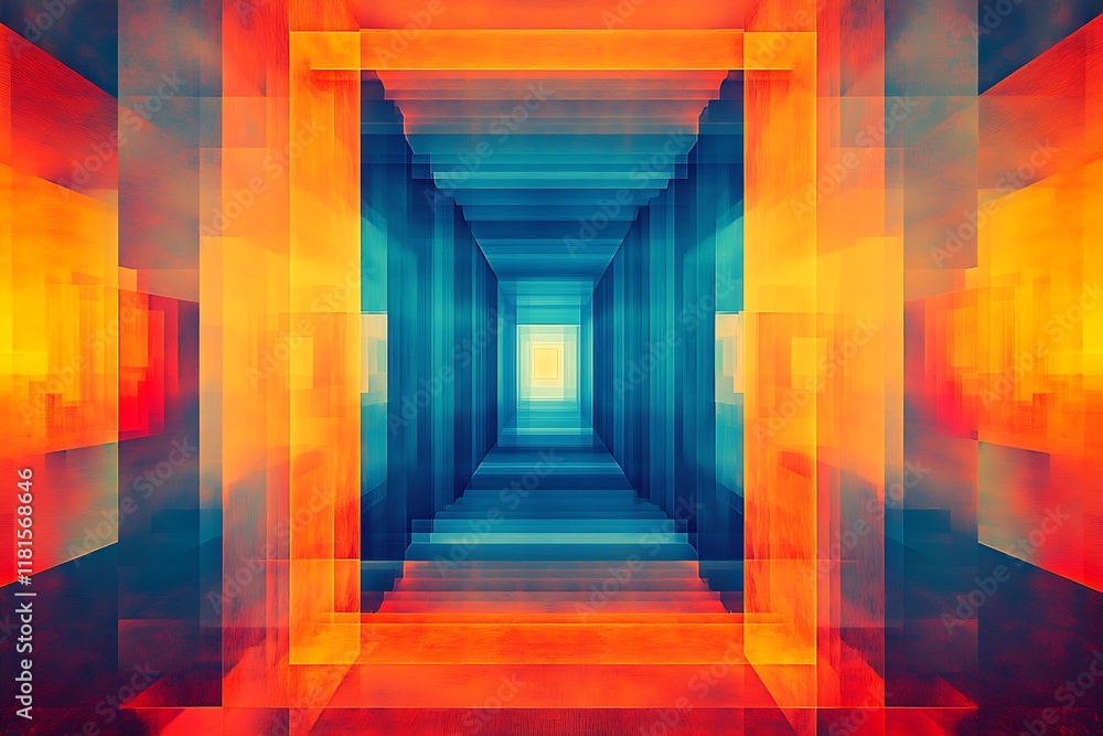 Fototapete vibrant abstract tunnel in warm hues with geometric patterns depicting a sense of infinity and depth