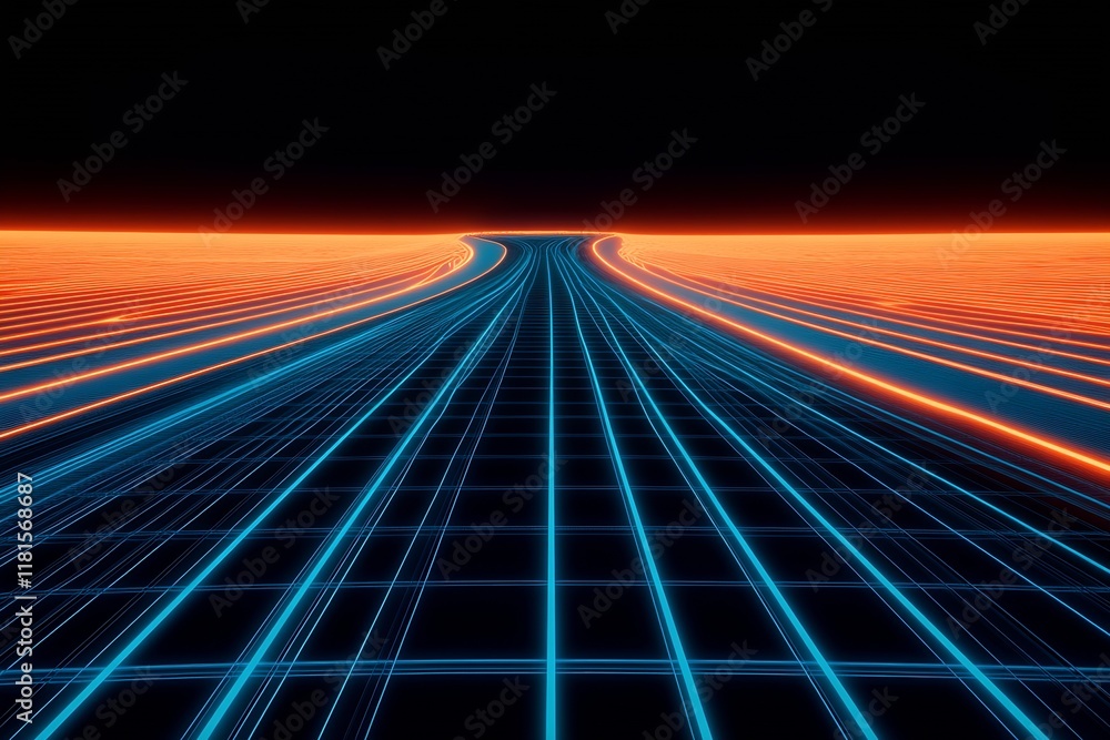 Aufkleber Retro Futuristic Neon Grid with Dynamic Perspective in Dark Space : Generative AI