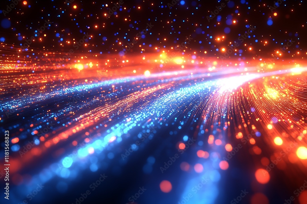 Poster Futuristic Neon Light Streaks With Sparkling Dots In Abstract Digital Background : Generative AI