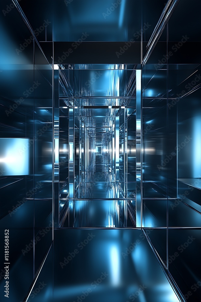 Poster futuristic blue tech tunnel with reflective surfaces and vibrant lighting : generative ai