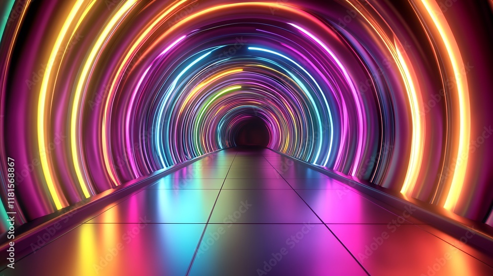 Aufkleber vibrant neon light tunnel with multicolored glowing rings for futuristic concepts : generative ai