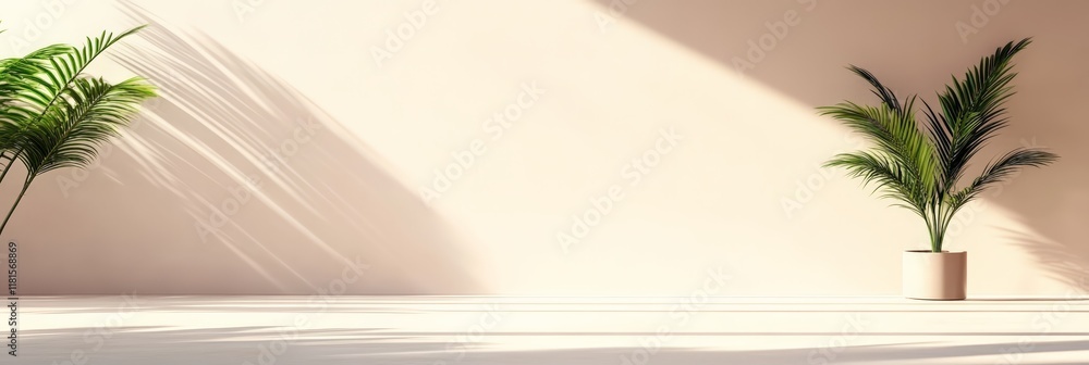 Poster potted plants casting shadows on a blank wall illuminated by sunlight create a serene and minimalist