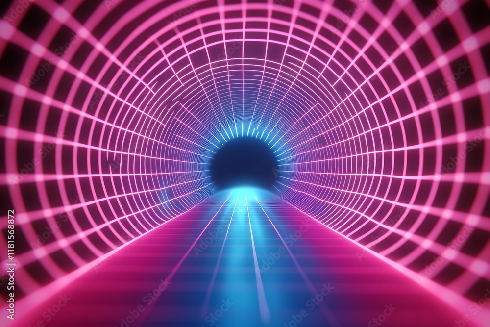 Aufkleber futuristic neon tunnel with vivid pink and blue grid light patterns : generative ai