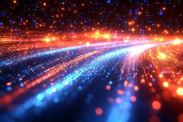 Obraz premium Futuristic Neon Light Streaks With Sparkling Dots In Abstract Digital Background : Generative AI