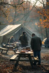 Two campers are busy preparing a meal at a picnic table surrounded by colorful autumn foliage. A tent is set up nearby, creating a warm and inviting atmosphere