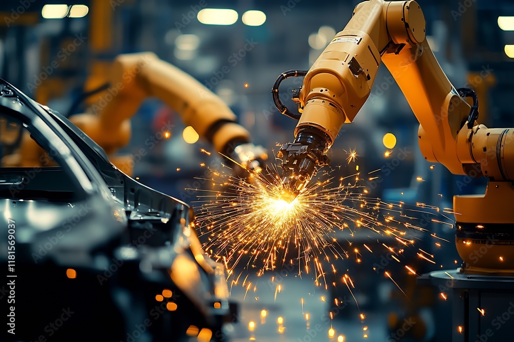 Leinwandbilder automated welding robots in a modern industrial production line : generative ai