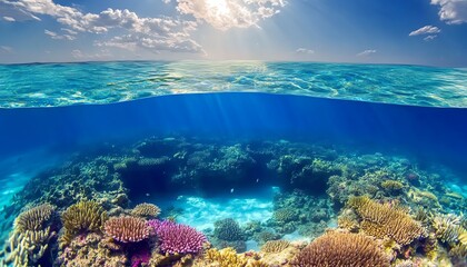 Obraz premium Stunning split-level view of vibrant coral reef teeming with life under a sun-drenched ocean surface. Perfect for travel, nature, or environmental themes.