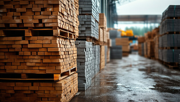 different construction materials on palets in storage of a wholesale store