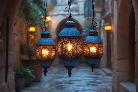 Three ornate lanterns illuminate a dimly lit alleyway.