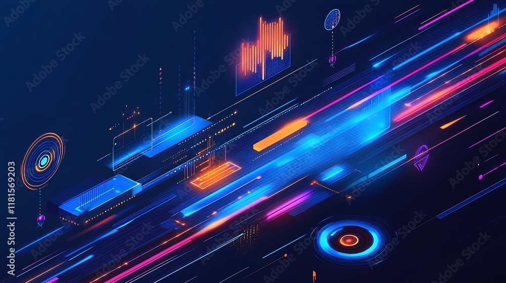 Aufkleber Futuristic Digital Technology Interface with Neon Lights and Data Visualization : Generative AI
