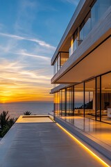 Fototapeta premium Contemporary oceanfront villa with expansive glass walls and stunning sunset : Generative AI