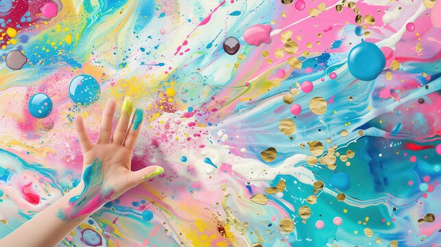 The artist's hand stained with paints on the background of a painting