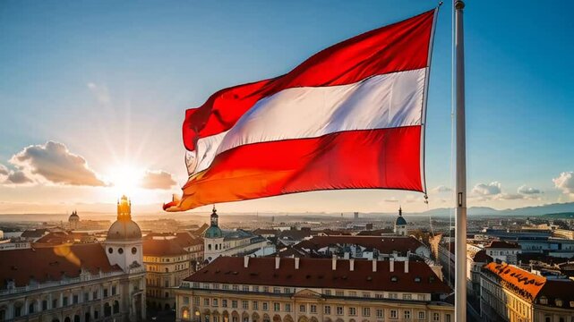 Austria flag close up fluttering, sunny day

