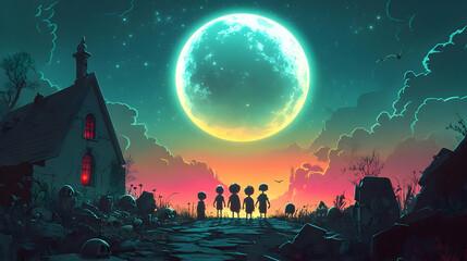 Fototapeta premium Children Explore Abandoned Graveyard Under Big Moon at Sunset