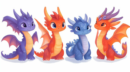 Fototapeta premium Four Baby Dragons Pose Together: Mythical Creatures