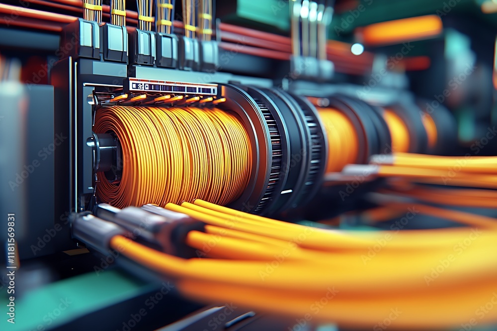 Aufkleber Closeup of Colorful Network Data Cables Connected to a High Tech Server Rack : Generative AI