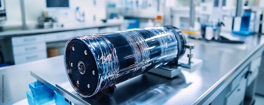 Poster Precision Optical Instrument Encased in Glass Cylinder on Laboratory Tabletop with Modern Equipment : Generative AI