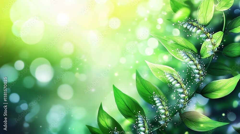 Poster vibrant green foliage with sparkling dew and sunlight bokeh background : generative ai