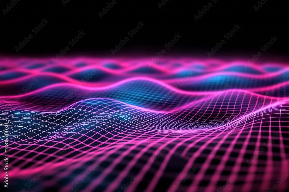 Poster vibrant digital landscape with dynamic waves of neon pink and blue grids : generative ai