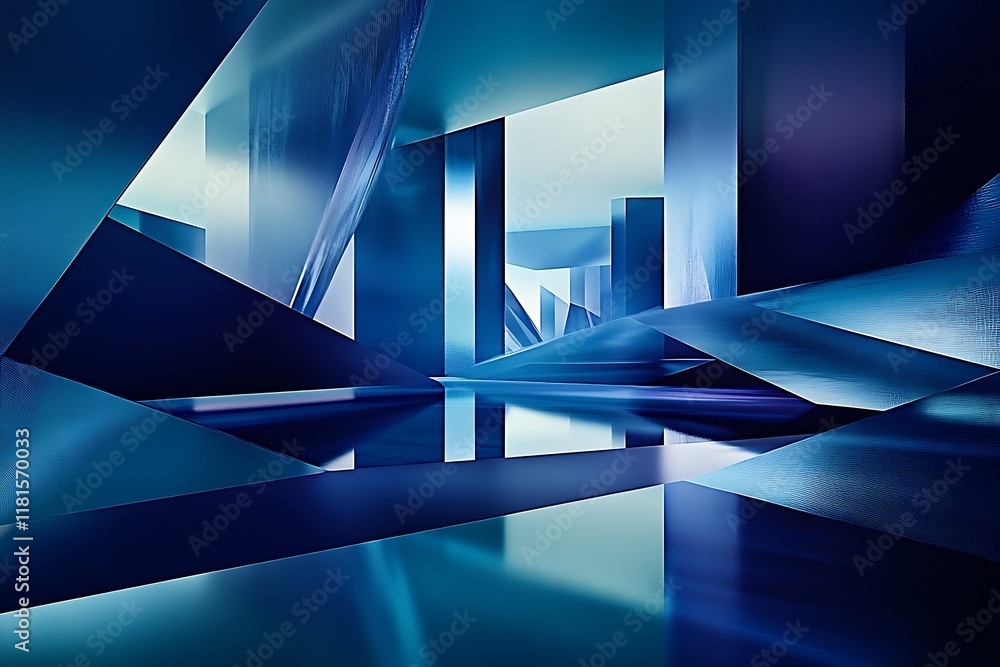 Aufkleber Futuristic Abstract Architecture in Blue Metallic Tones with Reflective Surfaces and Geometric Shapes : Generative AI