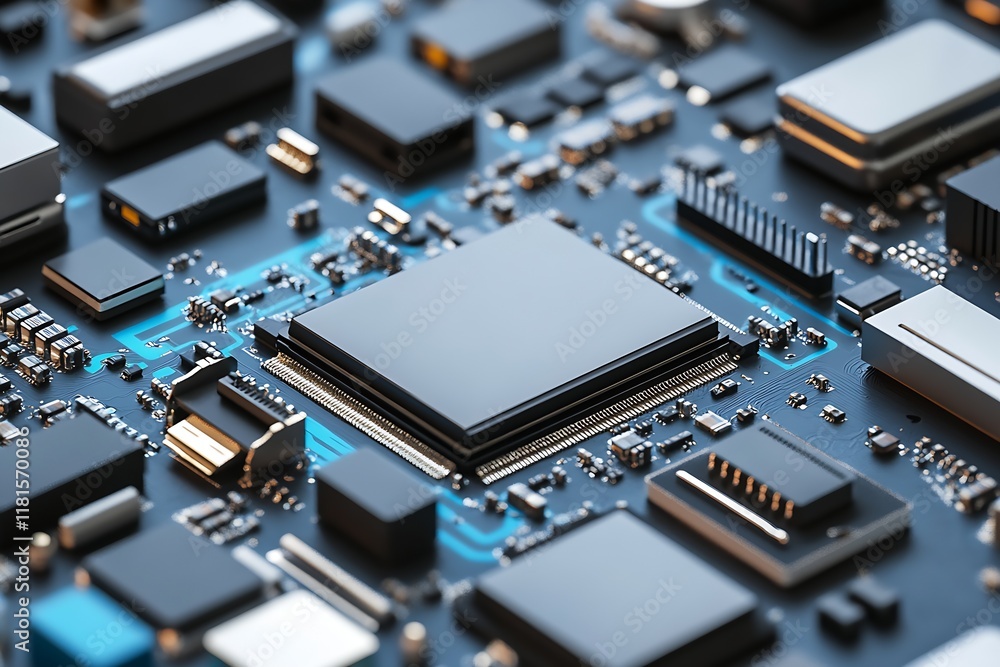 Poster hightech motherboard closeup illustrating modern computer technology : generative ai