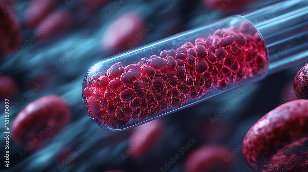 Poster close-up of red blood cells in a transparent laboratory test tube : generative ai