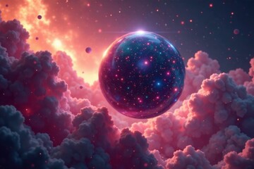 Spherical metallic mercury shape suspended in mid-air amidst swirling cosmic particles, abstract, orb