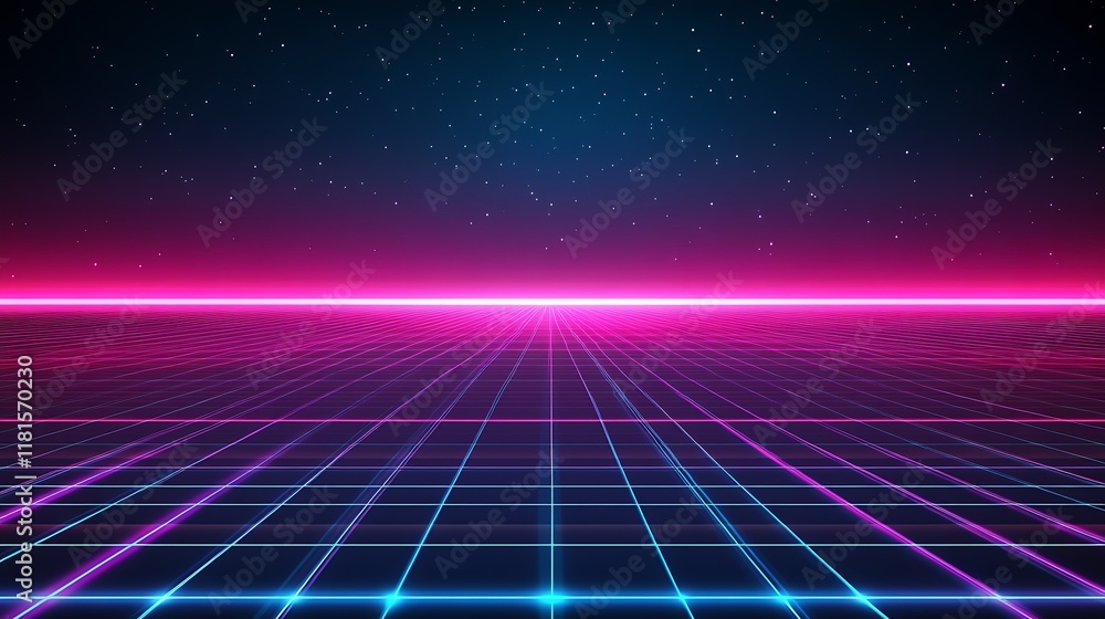 Aufkleber neon grid and starry sky creating a timeless sci-fi digital landscape : generative ai