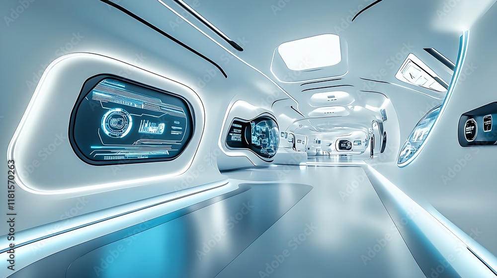 Poster futuristic sci-fi corridor interior with high-tech digital panels and ambient lighting : generative 