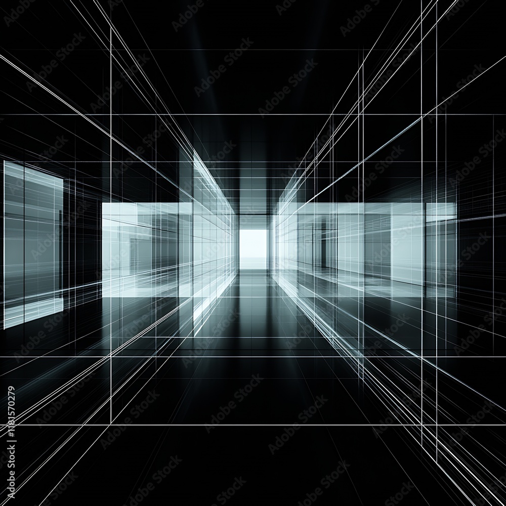 Poster Abstract Futuristic Digital Tunnel Design with Geometric Patterns and Glowing Lines : Generative AI